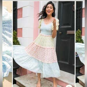 IVY CITY CO patchwork teared puff sleeve shirred smockedruffle midi dress XS